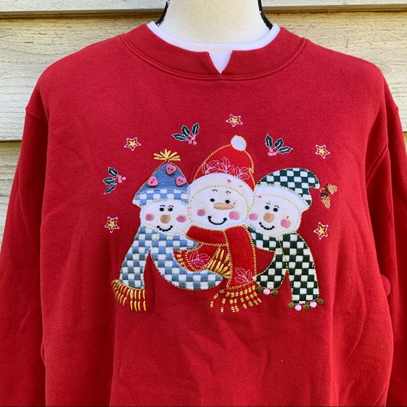 Vintage 90s Red Felt Snowman Appliqué Graphic Crewneck Ugly Christmas Sweatshirt - Picture 8 of 16